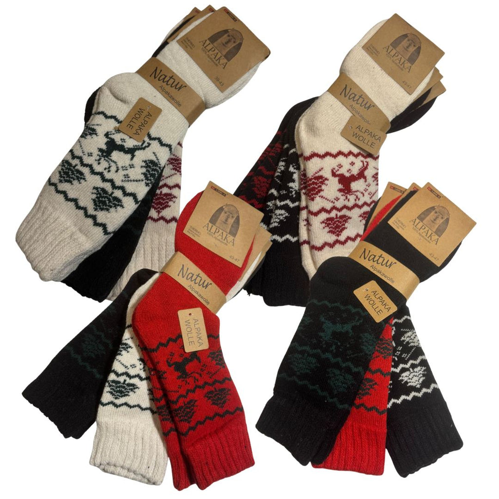 3 Paar Alpakasocken 39–47 – 100% Alpakawolle, Wintersocken mit Weihnachtsmotiv 91306