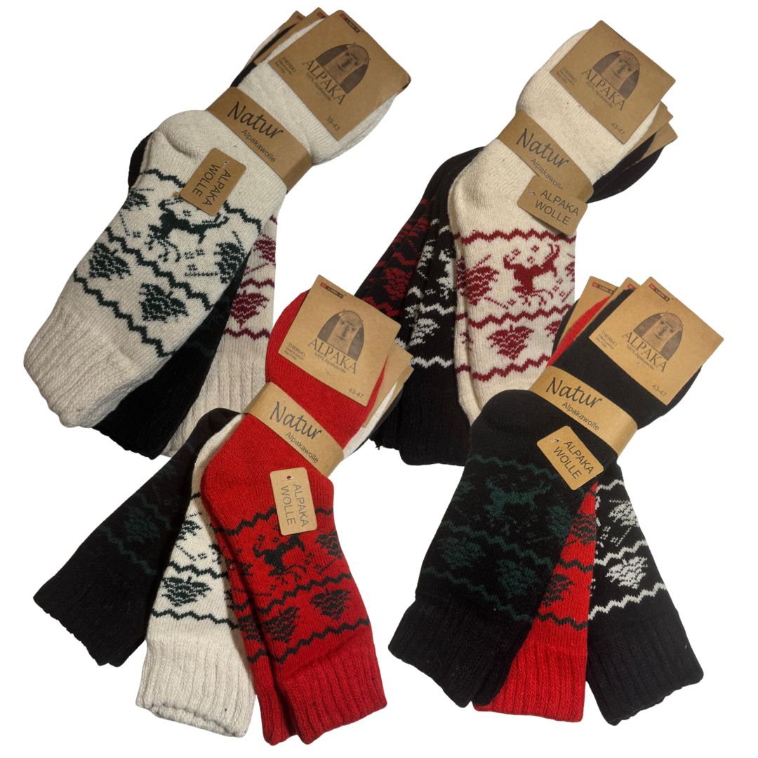 3 Paar Alpakasocken 39–47 – 100% Alpakawolle, Wintersocken mit Weihnachtsmotiv 91306